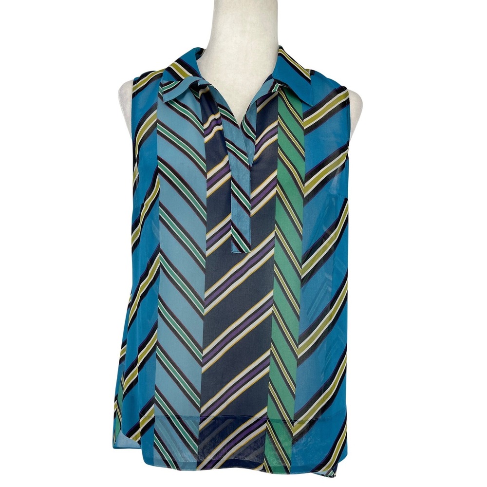Cabi 3780‎ Women Blue Chevron Stripe Sleeveless High Low Sheer Blouse Small